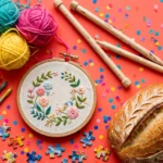 Vibrant flat-lay of cozy grandma hobbies supplies including yarn, knitting needles, an embroidery hoop, paintbrushes, and a sourdough loaf on a bright background.
