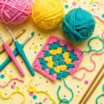 Colorful flat-lay of yarn balls, crochet hooks and knitting needles with a half-finished granny square.