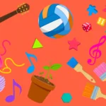 Colorful flat-lay of hobby items for social hobbies that build skills, including a guitar, volleyball, board game pieces, yarn balls, paint brushes, musical notes, and a seedling on a bright coral background.